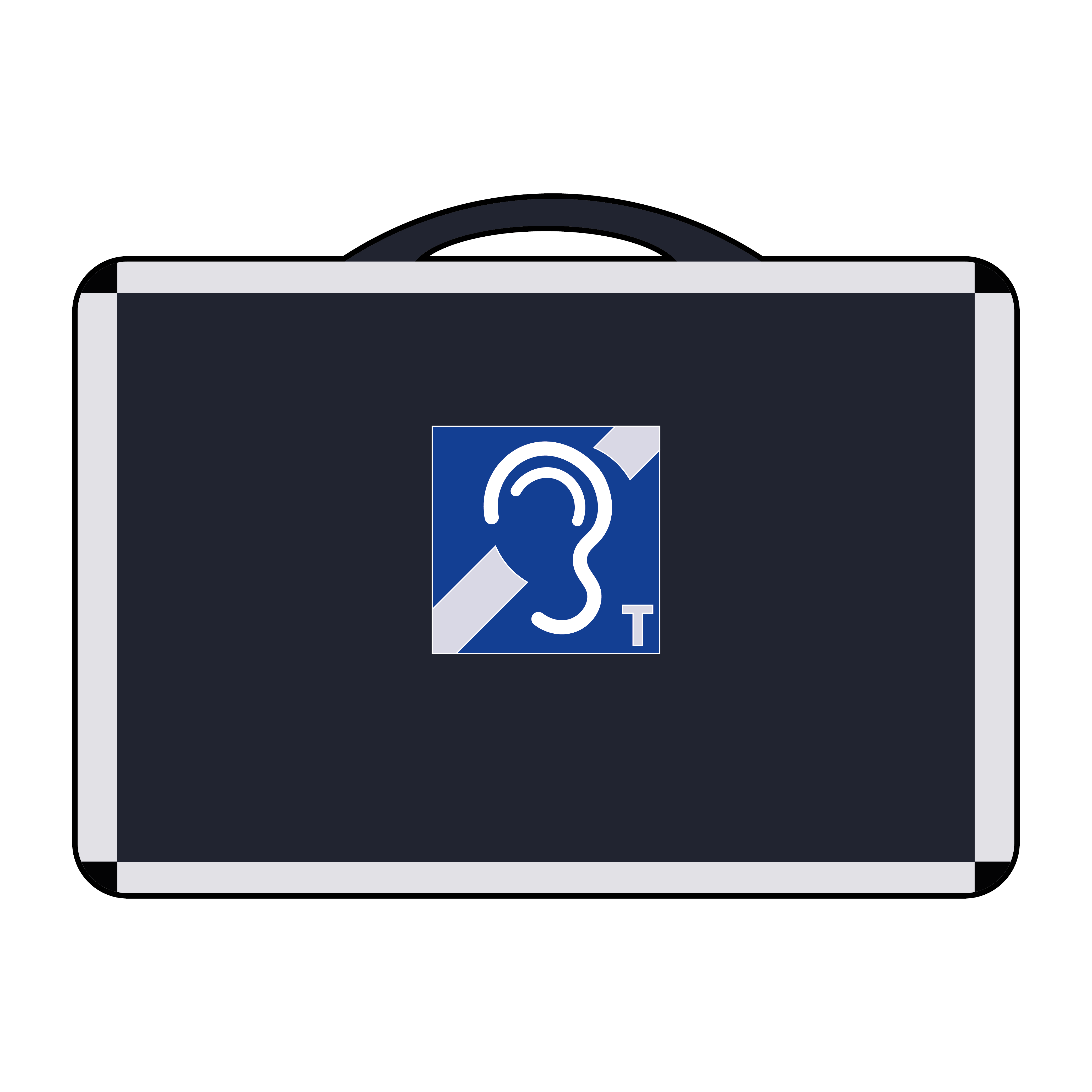 Illustration: Tragekoffer mit einem Sticker. Sticker zeigt Piktogramm eines Ohres mit diagonalem Strich und dem Buchstaben „T“ auf blauem Hintergrund, welches auf eine induktive Höranlage hinweist.