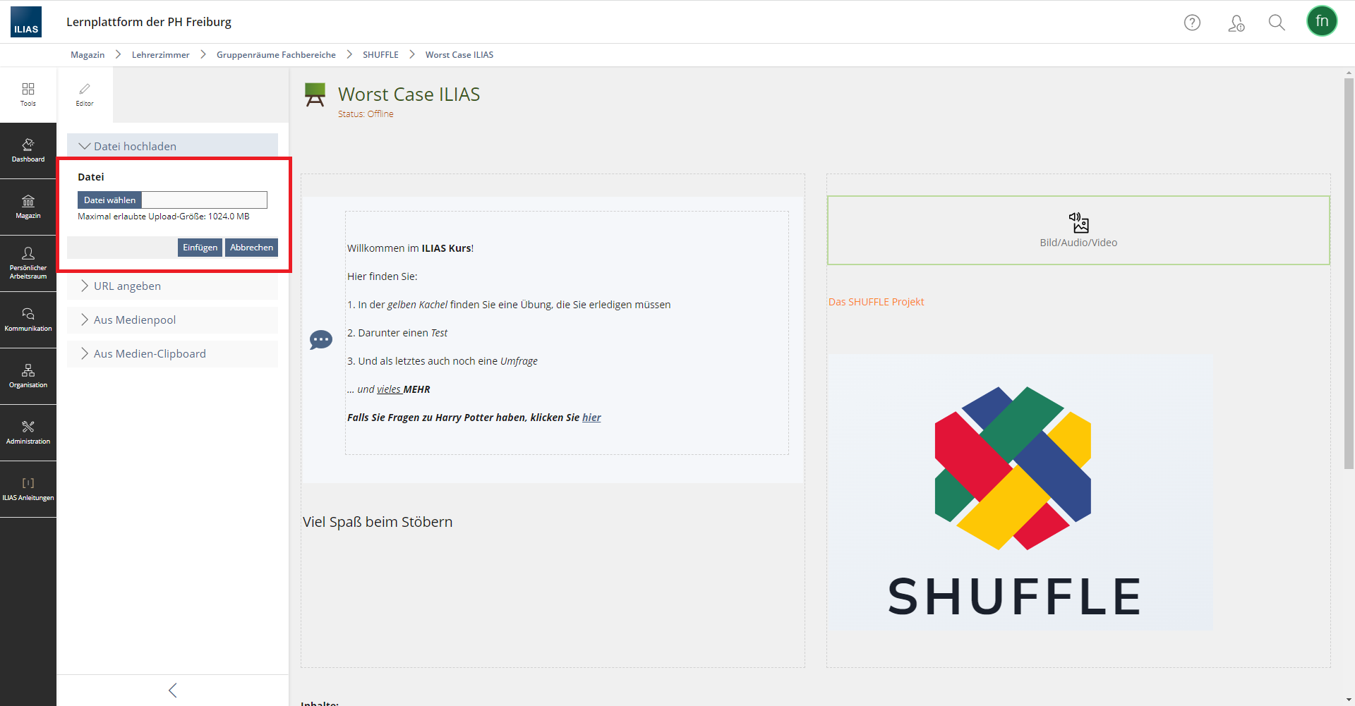 Screenshot: ILIAS-Kursraum im Bearbeitungsmodus. Der Datei-Upload ist geöffnet.