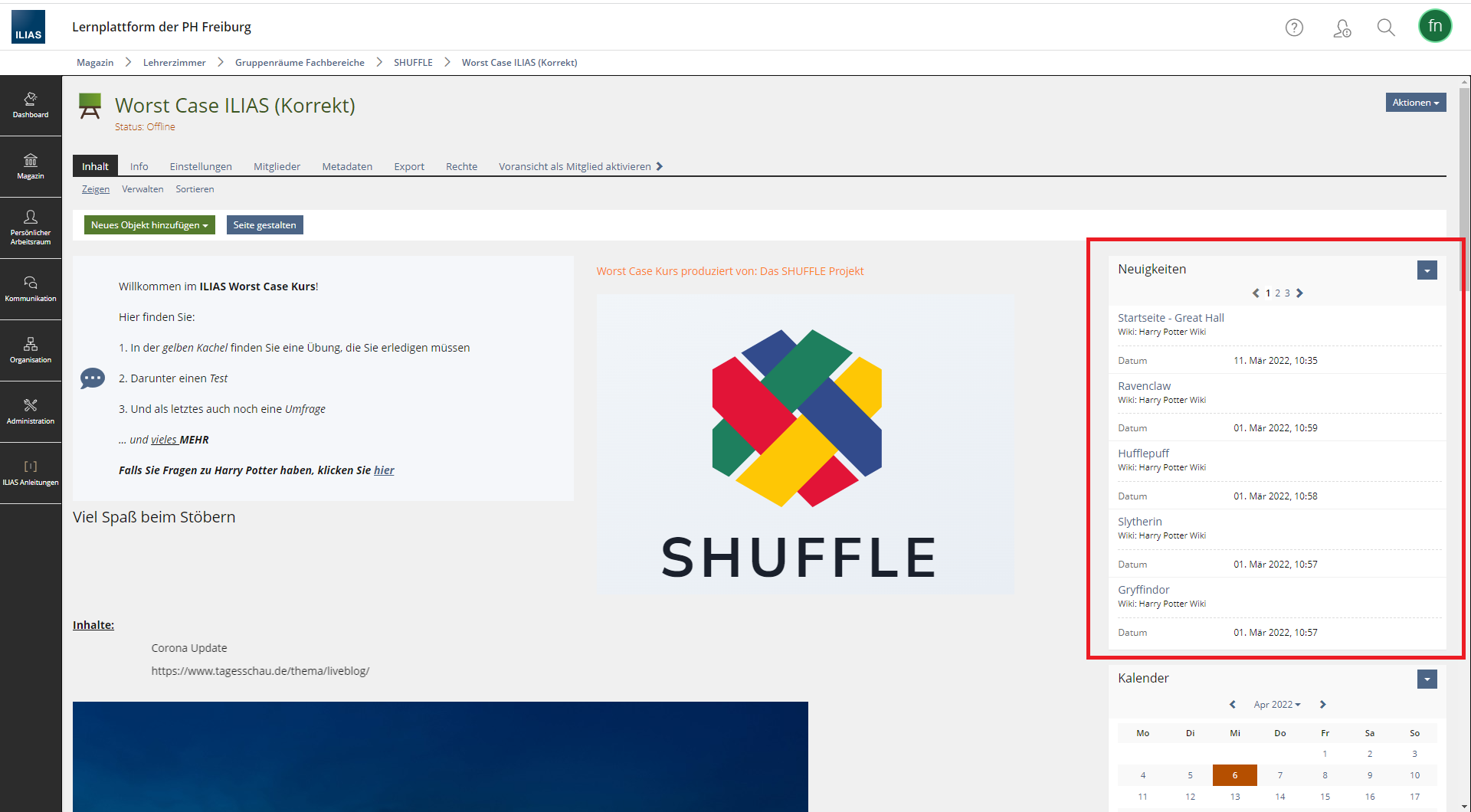 Screenshot: ILIAS-Kursraum, in dem der Neuigkeiten-Feed rot umrandet ist.