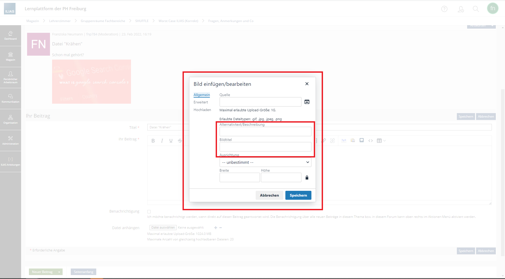 Screenshot: Upload-Maske des Bilduploads im ILIAS-Kurs. In der Maske ist ein Freitextfeld für den Alternativtext und den Bildtitel zu sehen.
