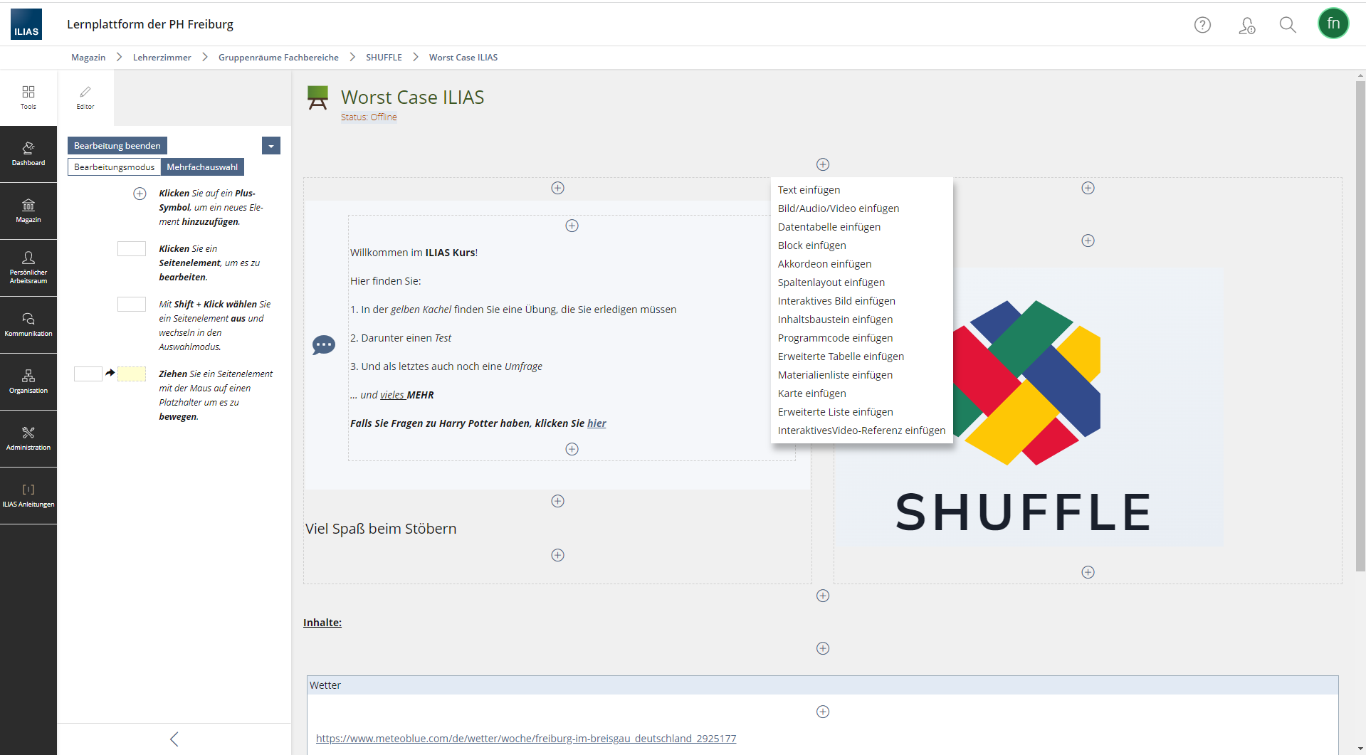 Screenshot: Ausschnitt eines ILIAS-Kursraums, es wurde auf das Plus-Zeichen geklickt und das Drop-Down-Menü angewählt.
