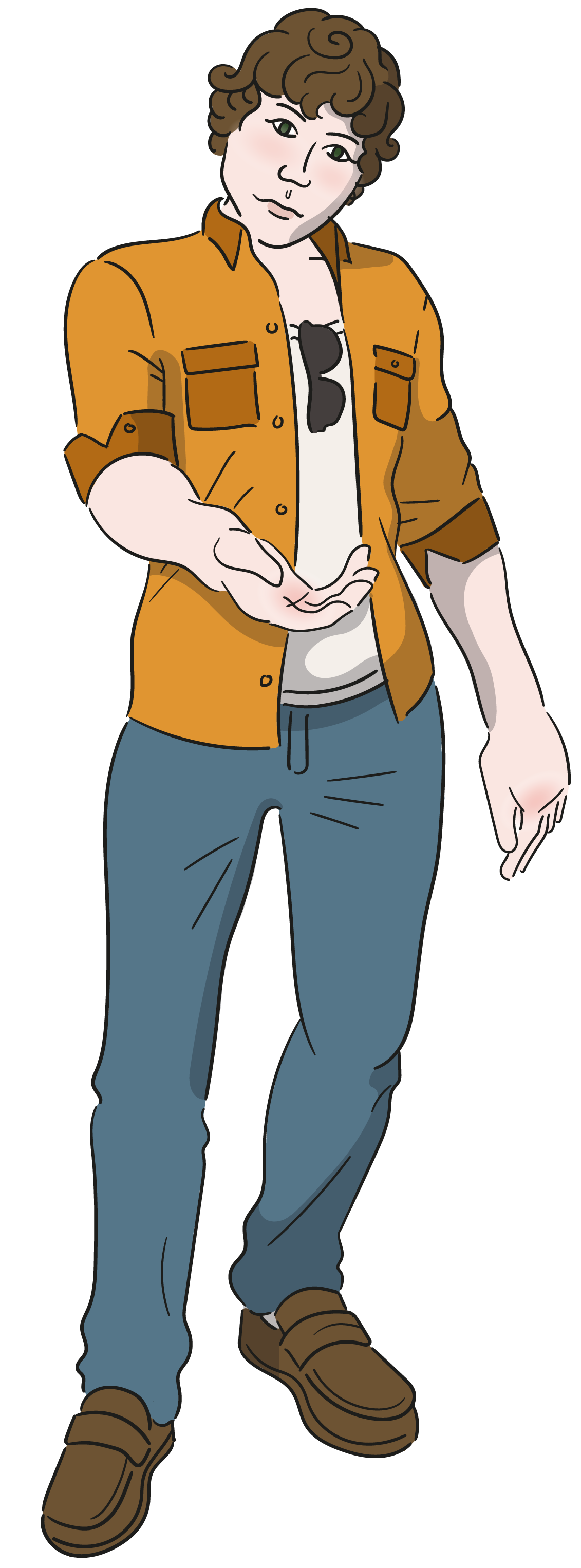 Hi, ich bin Gabriel. Ich bin 1,80 m groß und habe lockige, braune Haare. Heute trage ich ein orangefarbenes Hemd über einem weißen T-Shirt. Meistens krempel ich die Ärmel hoch bis zu den Ellenbogen. Und eigentlich habe ich auch immer eine Sonnenbrille dabei, die ich an den Kragen vom T-Shirt hänge.