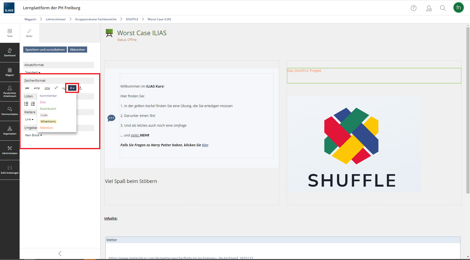 Screenshot: ILIAS-Kursraum im Bearbeitungsmodus. Der Text-Editor ist geöffnet.