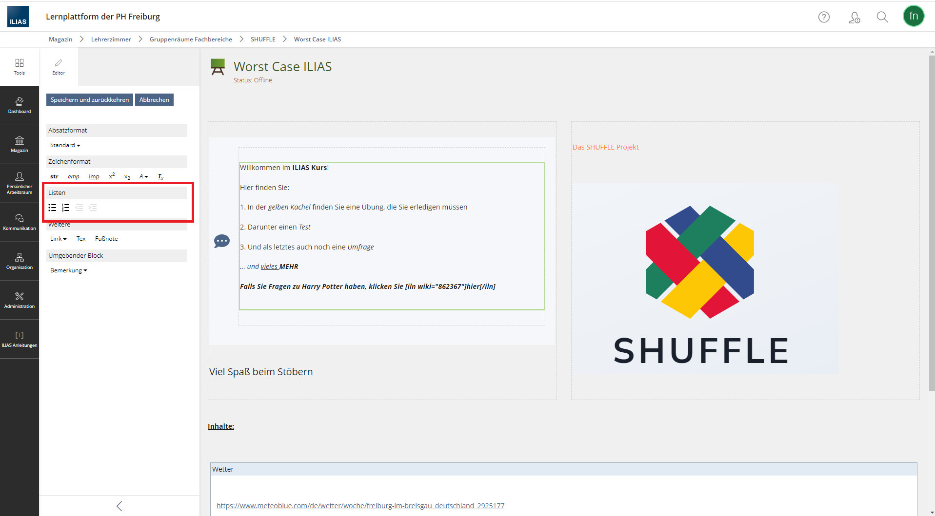Screenshot: ILIAS-Kursraum. Der Texteditor ist geöffnet und die Listen-Formatierungen sind rot umrandet.