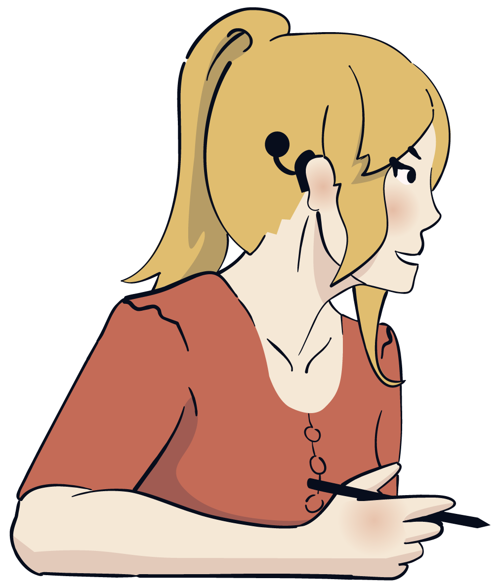 Ich bin Hannah. Ich habe mittelblonde Haare, bin sportlich gebaut und knapp 1,80m groß. Meine Haare hab ich meistens zum Pferdeschwanz gebunden, so wie heute auch, wodurch mein Cochlea-Implantat sichtbar wird. Ich trage ein knielanges oranges Kleid mit kurzem Arm. Und an den Füßen noch weiße Sneaker.