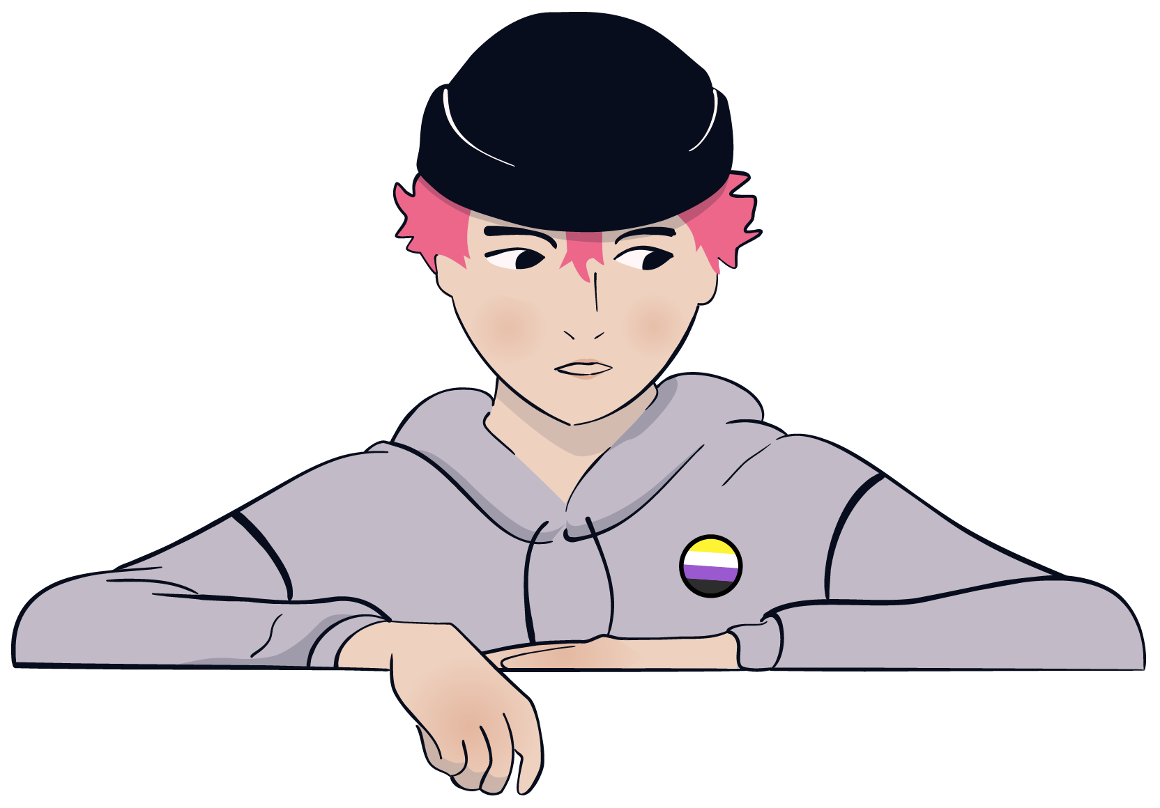 Hallo, ich bin Maxi. Dass ich gerne skateboarde, seht ihr schon an meinen Klamotten. Ich trage weite Jeans, flache Turnschuhe und einen weiten Kapuzenpulli. Auf meinem Pulli habe ich einen Button in den Farben der nichtbinären Geschlechtsidentität. Ich bin eine weiße Person. Meine Haare sind jetzt gerade pink gefärbt und kurz. Sie gucken unter meinem schwarzen Beanie hervor. Ich bin relativ klein und ... irgendwie weder dick noch dünn.