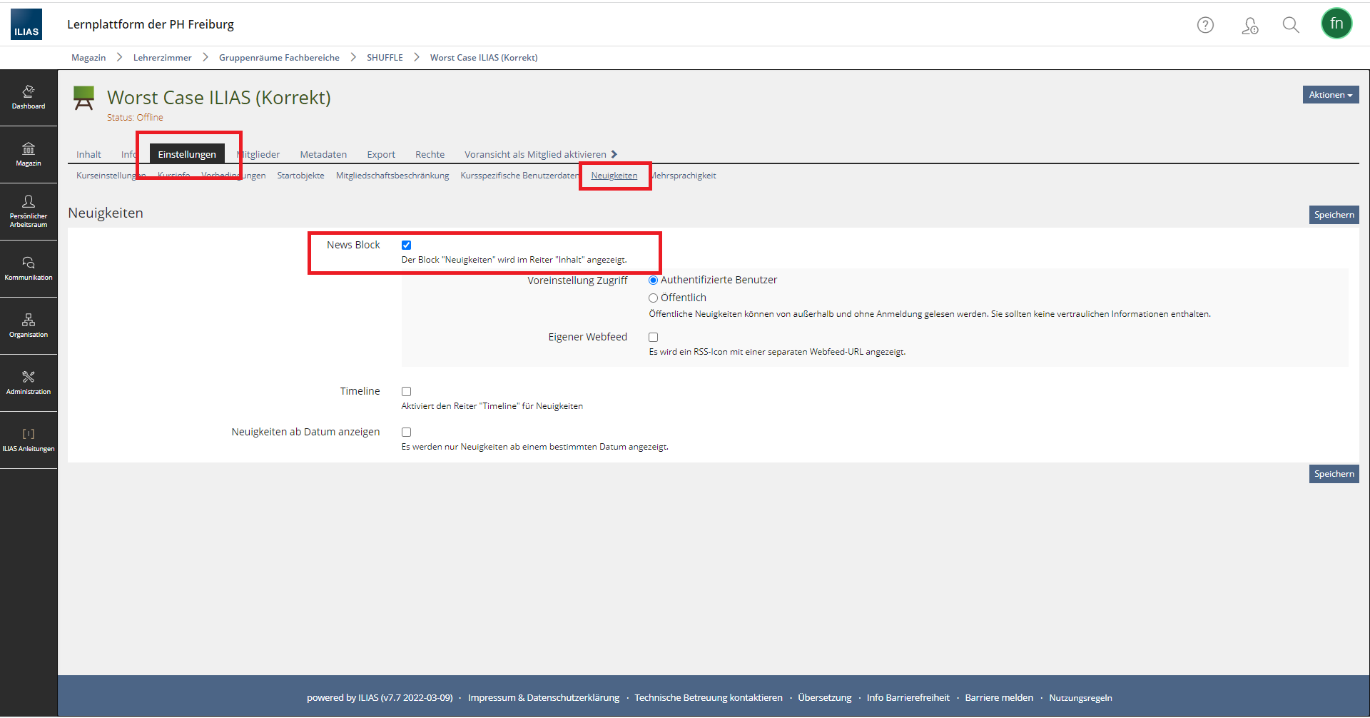 Screenshot: ILIAS-Kursraumeinstellungen. Es werden die Einstellungen unter dem Neuigkeiten Reiter gezeigt.