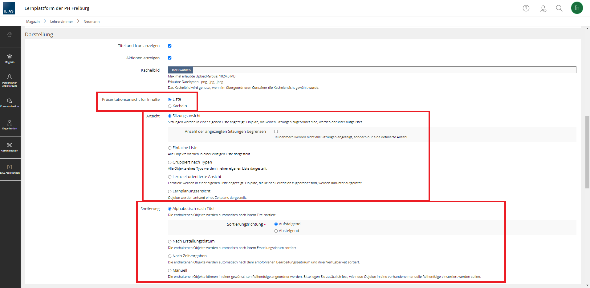 Screenshot: Einstellungs-Menü eines Kurses in ILIAS. Es werden die Darstellungsmöglichkeiten angezeigt.