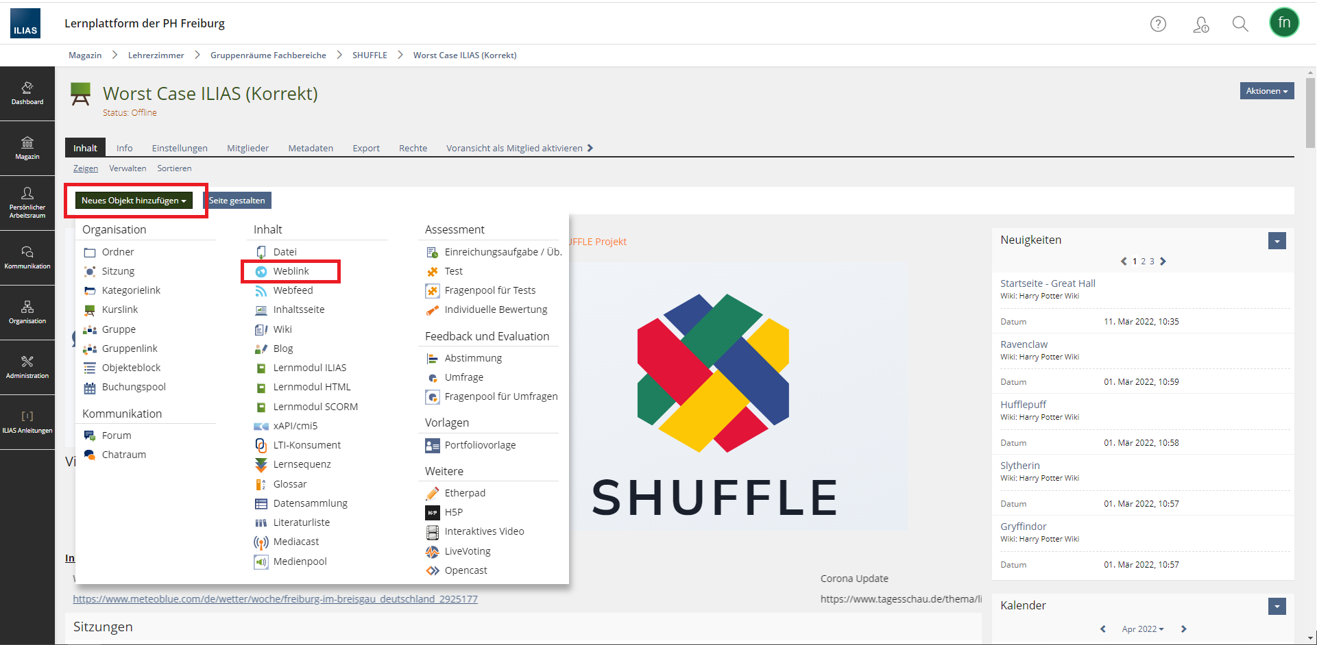 Screenshot: ILIAS-Kursraum. Die Liste von neuen Objekten, die hinzugefügt werden können, ist geöffnet.
