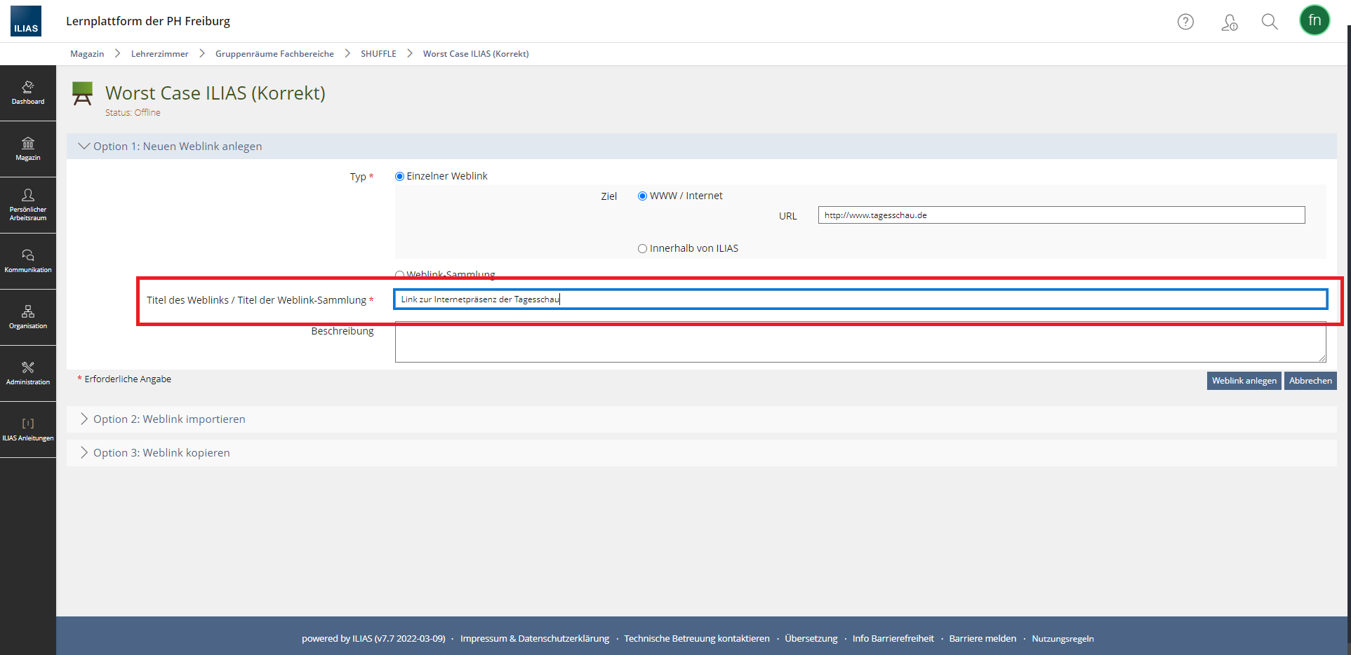 Screenshot: ILIAS-Menü zum Einfügen eines Links.