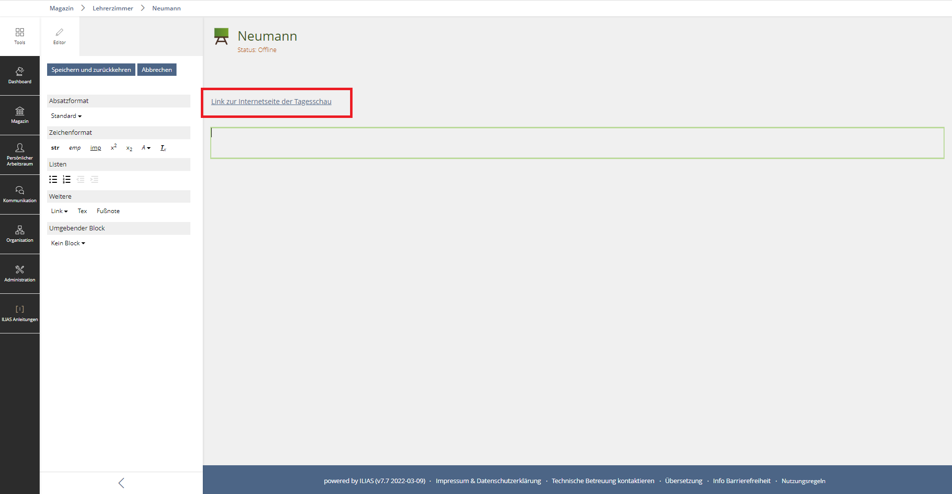 Screenshot: ILIAS-Kursraum mit offenem Textfeld indem ein Link mit Beschriftung zu sehen ist.
