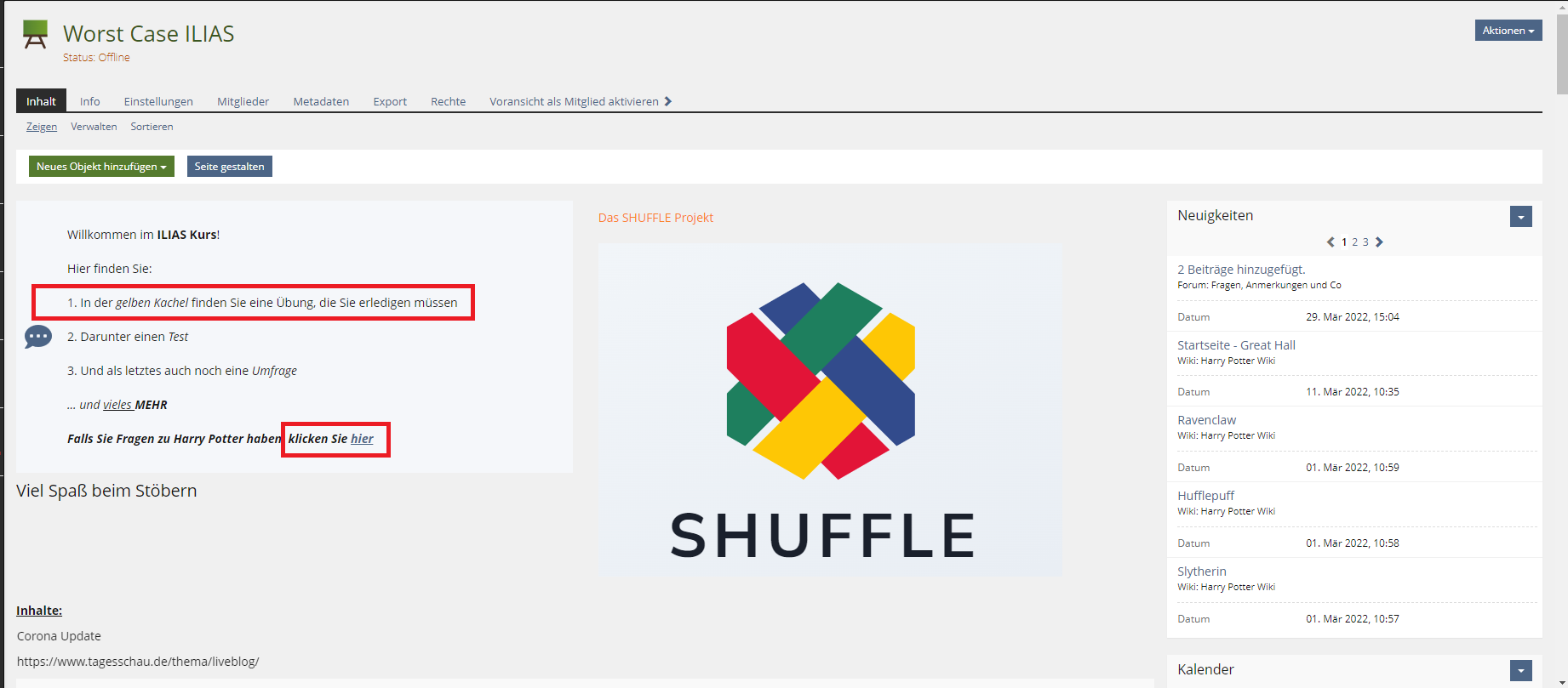 Screenshot: Eingangsseite eines ILIAS-Kursraumes, welcher mit besonders vielen Barrieren gestaltet wurde. Text mit Beschreibung mit vielen Barrieren ist rot umrahmt.