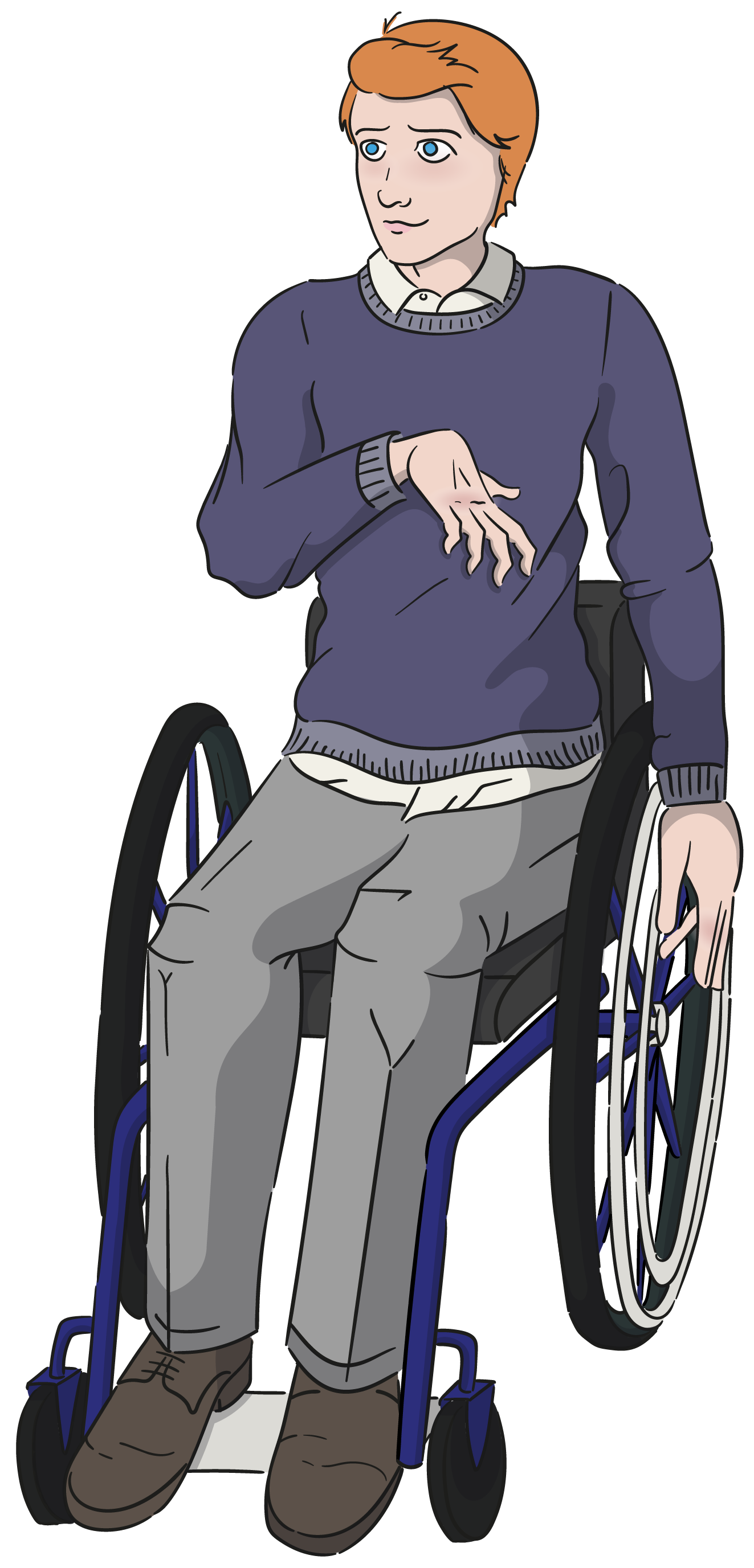 Guten Tag, mein Name ist Kilian. Mein Outfit heute ist sehr klassisch: graue Anzughose, hellgraues Hemd und darüber ein blauer Wollpullover. Zu meinem Aktiv-Rollstuhl mit dunkelblauem Metallgestänge trage ich schwarze Brogues. Meine roten Haare trag ich kurz. Meine Augen sind sehr blau und meine Haut sehr hell. Meine rechte Hand hat eine sichtbare Lähmung.