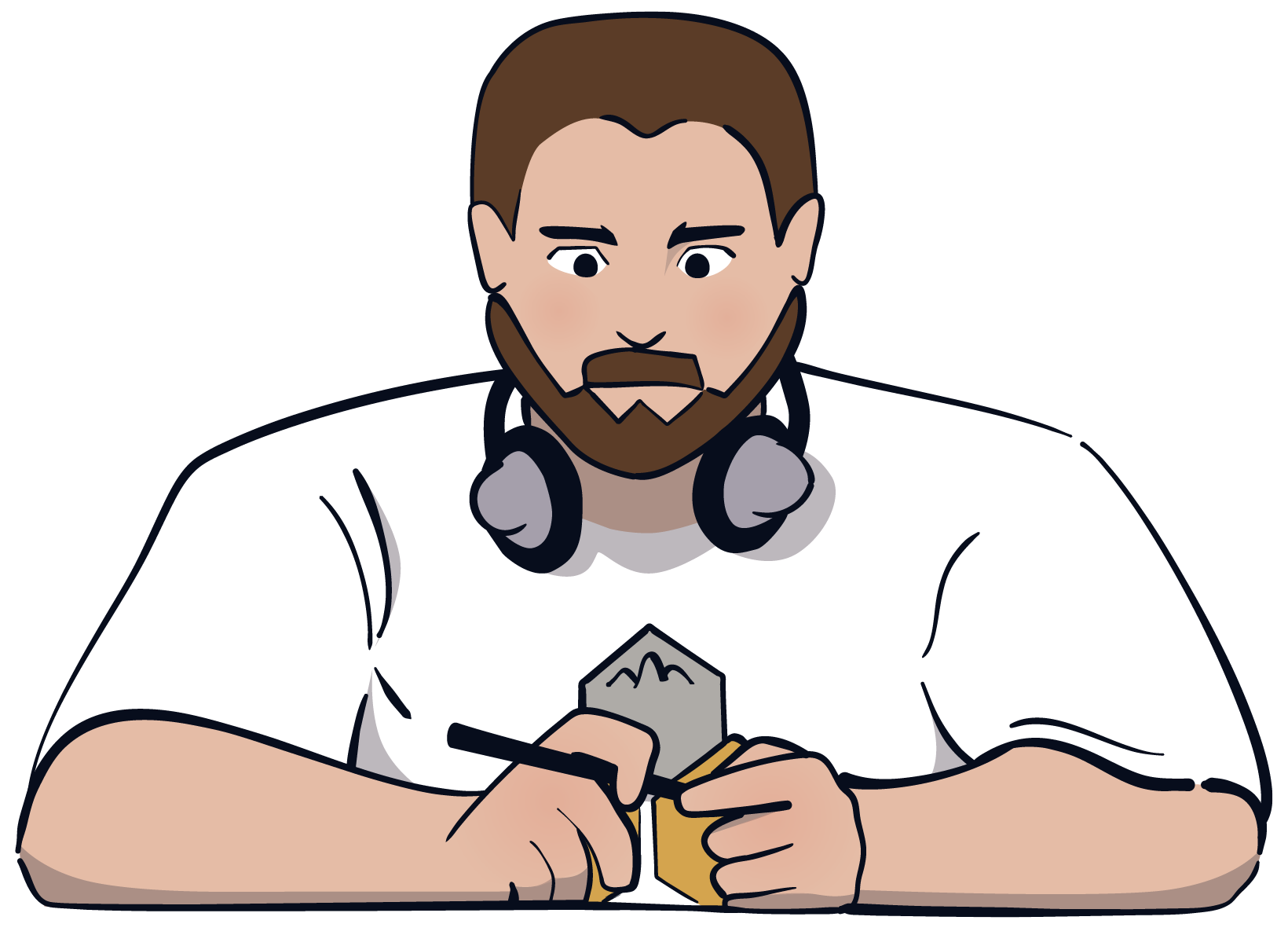 Hallo. Mein Name ist Aleksandr, aber ich werde Sasha genannt. Ich bin 1,95cm groß und wiege 98kg. Ich bin kräftig. Ich habe dunkelbraune Haare. Sie sind kurz rasiert. Mein Bart auch. Heute trage ich ein T-Shirt mit einem Siedler von Catan Motiv. Dazu eine weite Cargo Hose in einem dunklen Beige-Ton. Da ich Schnürsenkel nicht mag, trage ich immer Slipper. Meine noise cancelling Kopfhörer habe ich mir um den Nacken gelegt.