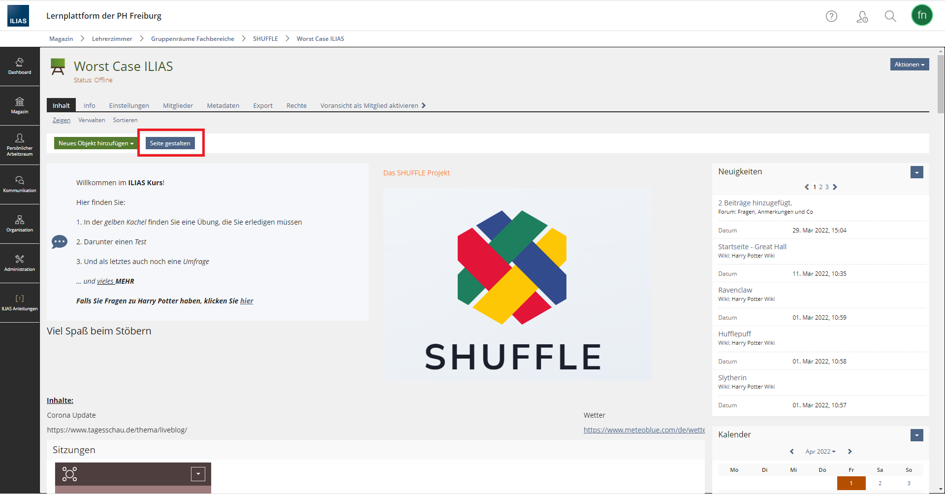 Screenshot: ILIAS-Kursraum. Die Schaltfläche "Seite gestalten" ist rot umrahmt.