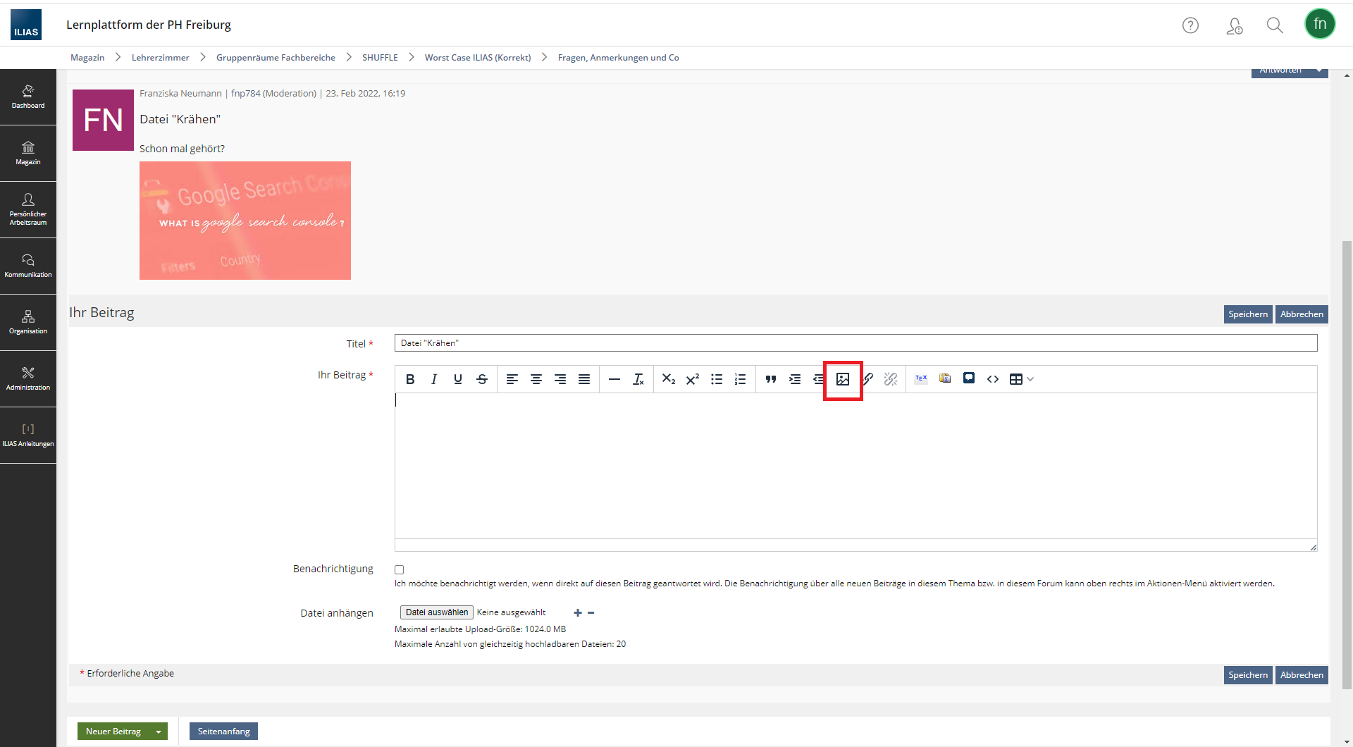 Screenshot: ILIAS-Forum, in dem der Text-Editor geöffnet ist, um eine Antwort zu schreiben.