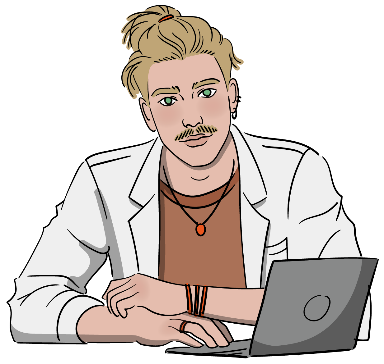 Hey, ich heiße Oliver. Meine dunkelblonden, langen Haare trage ich in einem lockeren Männerdutt, damit sie mich nicht stören. Um meinen Hals habe ich eine Kette, und an meinen Handgelenken mehrere Armbänder. Heute habe ich ein schlichtes braunes T-Shirt an, und darüber meinen Laborkittel. Der ist Pflicht, wenn ich im Uni-Chemielabor bin – und gehört inzwischen auch zu meinem Look.